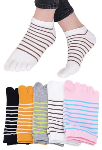 MEMOFYND Lot de 5 paires de chaussettes de course à cinq orteils - Rayées - Chaussettes tendance - Mini chaussettes rondes - Convient pour filles et femmes (noir, blanc, gris, rose, jaune), Noir , S-L