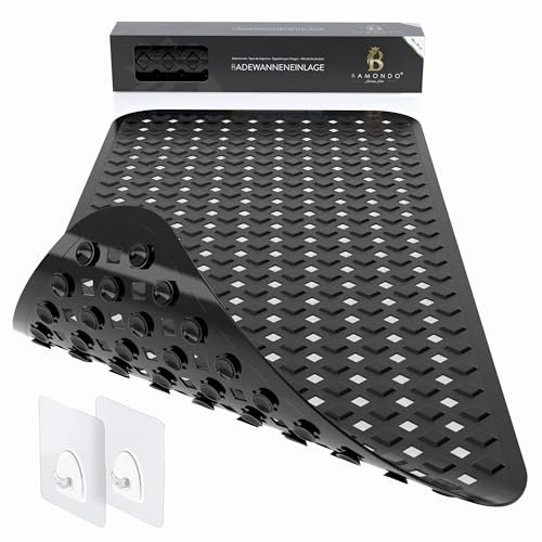 BAMONDO Badewannenmatte rutschfest & hautsensitiv (schwarz) - 88x39 cm - maschinenwaschbar | schimmelfrei | BPA frei - Antirutschmatte für Badewanne mit Saugnäpfe