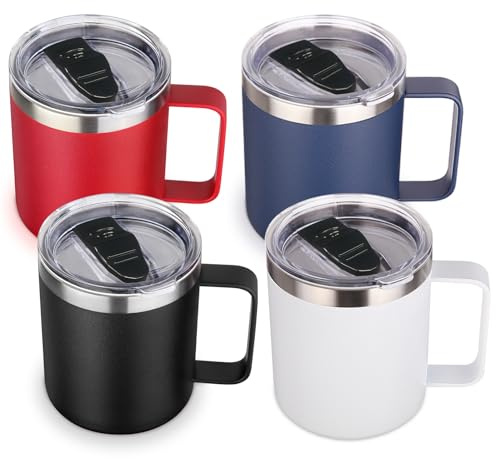Volhoply 410 ml isolerad rostfritt stål kaffemugg med läcksäckt lock, 4-pack, dubbelväggsvakuum reskaffemugg med handtag, campingmugg håller varm/kall (Blandade färger, 4)