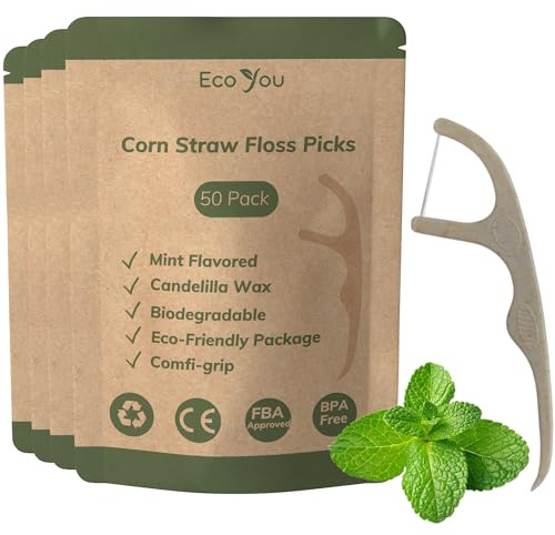 EcoYou Lot de 200 cure-dents biodégradables | Bâtons de fil dentaire menthe avec cire de candelilla | Nettoyage des dents respectueux de l'environnement