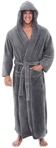 Long Hooded Bathrobe Men, Mens Hooded Dressing Gown Super Soft Long Fleece Bathrobe Long Dressing Gowns for Men Flannel Fluffy Pajamas Sleepwear Shawl Dressing Gown Long Sleeved Robe Coat Grey