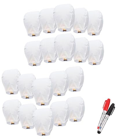 Paquete de 20 linternas de cielo de versión gruesa blancas, linternas voladoras que hacen que las actividades al aire libre sean más divertidas, las linternas flotantes son ecológicas y