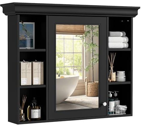 Virubi 36 Inch Wall Mounted Medicine Cabinet, Bathroom Storage Cabinet with Mirror Door and 6 Adjustable Open Shelf, Mirror Cabinet for Bathroom (Black)