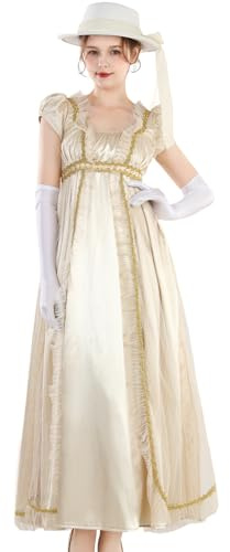 CR ROLECOS Vestido victoriano para mujer, vestido regency para mujer, vestido de fiesta puffy de Bridgerton con guantes, Gold-1224, S