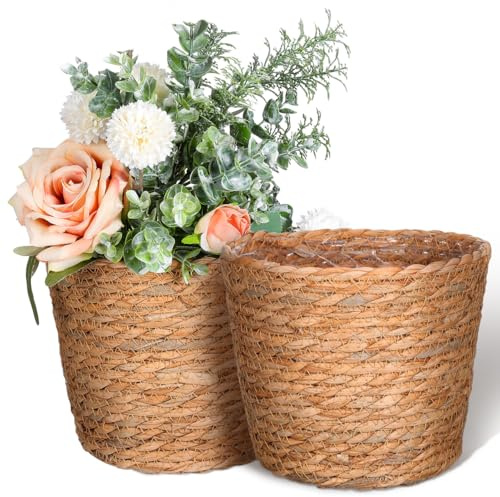 Milisten Set of 2 Seagrass Woven Plant Baskets (18cm) - Natural Rattan Flower Pots with Waterproof Lining - Decorative Wicker Planter Set for Indoor Plants, Boho Home Decor & Storage