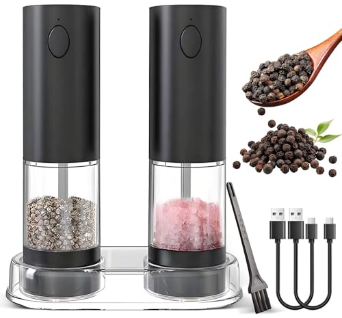 Molinillos de Pimienta Eléctricos, Juego de 2 Recargables Molinillos de Especias, Recipiente Transparente Lavable de 95ml, Barra de Aspereza Ajustable, con Base Transparente, luz LED Blanca, Negro