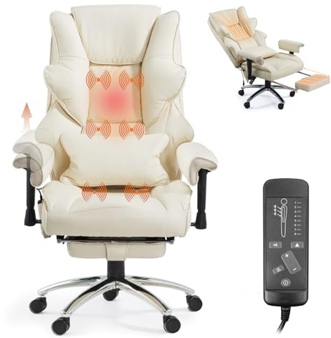 Mvpipi Massage Office Chair with Foot Rest, Ergonomic Executive Heated Office Chair with Reclining Backrest, Adjustable Arms and Lumbar Support, High Back Leather Desk Chairs for Home Office, Beige