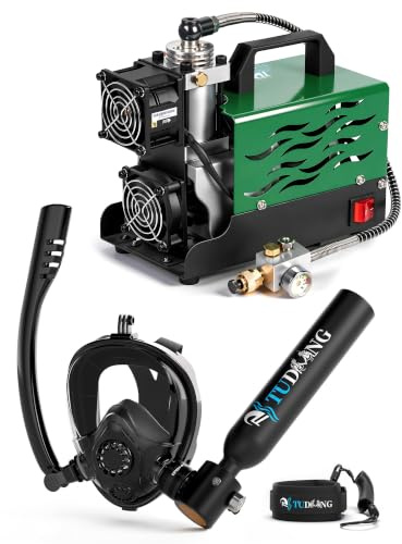 Kit de Tanque de Buceo TUDIVING de 0.5L, Mini Cilindro de oxígeno con máscara de Snorkel Facial Completa, Tanque pulmonar portátil con compresor de Aire (S200Plus Black-A3)