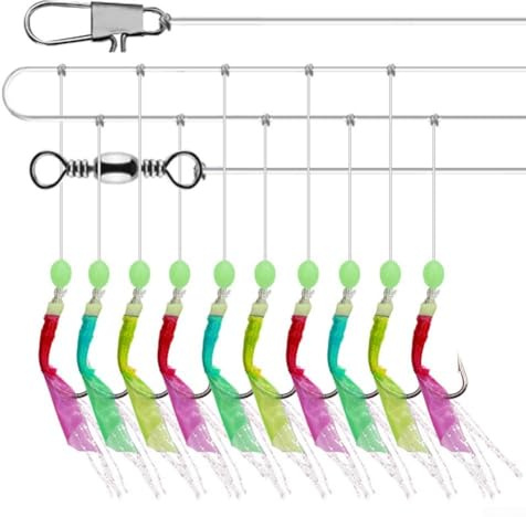 Bulevisiter Sabikis Rigs Bait 10 Hooks Fishing Lure for Herring Mackerel Sea Baitfish with Snap Swivel Stainless Steel String Hook Rig Set for(15#)
