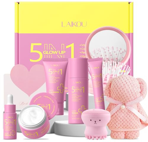 LAIKOU 5 in 1 Glow Up Skincare Set, 9 pezzi Set Cura del Viso Donna, Kit Viaggio Cura Viso, Idea Regalo Bellezza Ragazza per San Valentino, Festa della mamma, Compleanno