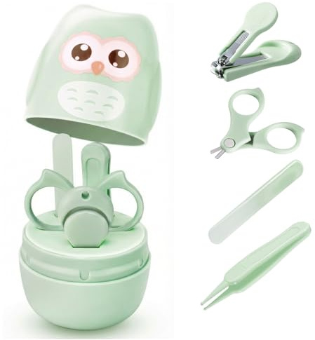 Baby Nail Kit, Baby's Manicure Kit and Pedicure kit with Cute Owl Shape Case Nail Clipper, Scissor, Nail File & Tweezer for Newborn, Infant & Toddler, Mothers Day Gifts(Green)