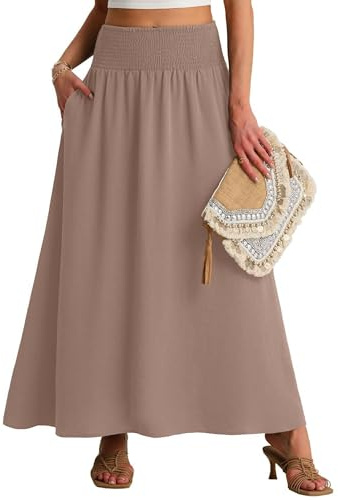 QIXING Maxi Skirts for Women Smocked Elastic High Waisted Casual Boho Swing Pleated Beach Long Skirts with Pockets