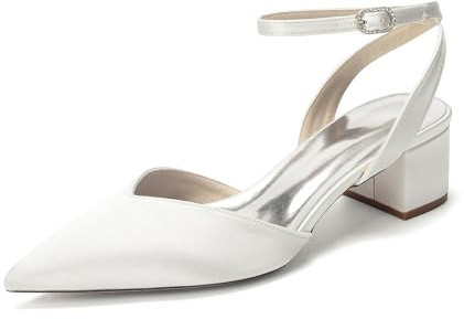 TNMIUH Brudskor Dam Elfenben med Blockklack, Satin Pumps med Spetsig Tå och Strass, Eleganta Låga Klackar för Bröllop Fest Kväll