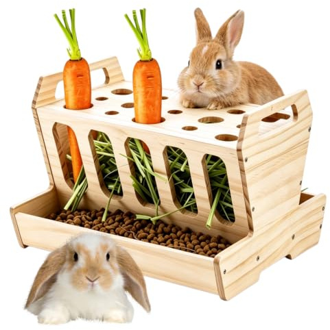 Nimblyne matrack med morotshållare: 30 x 22 x 18 cm stående matspade med morotshållare för kaniner, stor höjäl av naturligt trä för kaniner, marsvin, kaniner, hamstrar