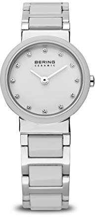 BERING Damen Quarz Uhr | Armbanduhr 25 mm silbernes Edelstahlgehäuse und weißes Zifferblatt | Edelstahlband mit Keramikelementen | 5 ATM | 10725-754