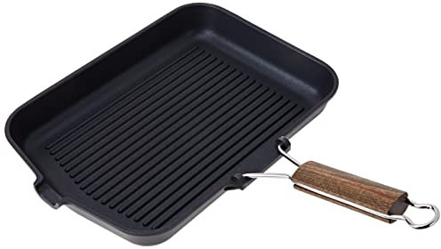 Home Delizia Bistecchiera, Rivestimento Antiaderente con Manico Pieghevole, Rettangolare, Alluminio Pressofuso, Nero, 24 x 36 cm