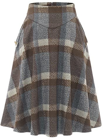 Rock Damen Lang Vintage Elegant Plaid Winterrock Warm Elastische Taille A Linie Röcke Casual Rock Hohe Taille Midi Rock Brown Grey Plaid XL