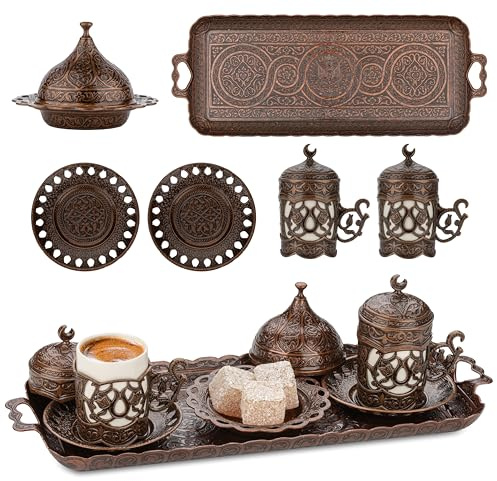 Alisveristime Ottomane Türkisch Griechisch Arabisch Espresso Kaffeetassen mit Untertasse und Deckel (2er Set) (Hilal) (Kupfer)