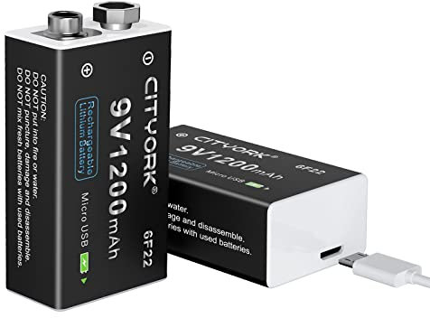 CITYORK 9 V Akku 1200 mAh (2er-Pack), PP3/MN1604/6F22/6LR61 USB Lithium Akku, mit Micro-USB-Ladeanschluss, geeignet für Rauchmelder, Gasherd, Gitarre, Tastatur und mehr
