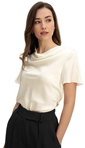 LilySilk Damen Reine Seide Hemd Frauen Sommer Bluse mit Haubenhals und kurzen Ärmeln Mädchen Puli Top für lässigen täglichen Gebrauch(Lilie weiß,M)