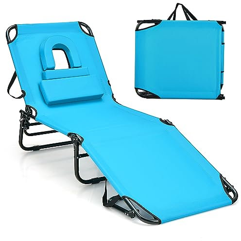 GOPLUS Sonnenliege klappbar, Gartenliege mit Gesichtsöffnung & abnehmbaren Kissen zum Sonnenbaden, Liegestuhl mit 5-stufig Verstellbarer Rückenlehne, Relaxliege für Garten Strand Camping (Türkis)