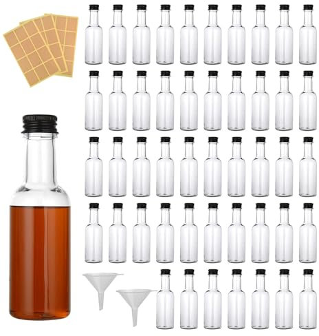 wordmouk Bouteille Miniature en Plastique 48PCS Mini Bouteille de 25mL Vide Réutilisable Mignonette Alcool pour Mariages et Fêtes avec Bouchons à Vis Noirs et Entonnoir pour Liquides Vin