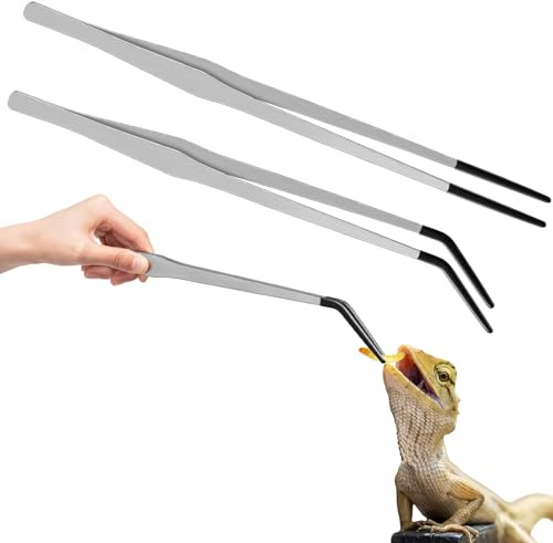 Lasnten 2 Pcs Extra Long Stainless Steel Reptile Feeding Tongs with Rubber Tip 15 Inch Bearded Dragon Aquarium Straight and Curved Long Tweezer Terrarium Feeder Tool for Tank(Silver)