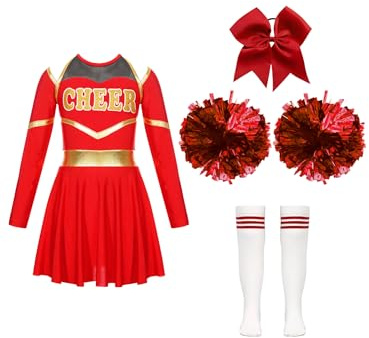 iEFiEL Flicka, Cheer Leader danskostym, långärmad dansklänning med pompoms, halloween, karneval, karnevaldräkt, cheerleading, uniform