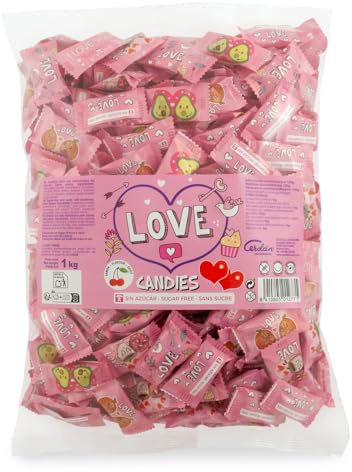 Caramelos Cerdán - Caramelos Sin Azúcar con Forma de Corazón Love | Bolsa de 333 Uds | Sabor Cereza | Caramelo Sin Gluten ni Alérgenos | Ideal para San Valentín, Fiestas, y Cumpleaños - 1 Kg
