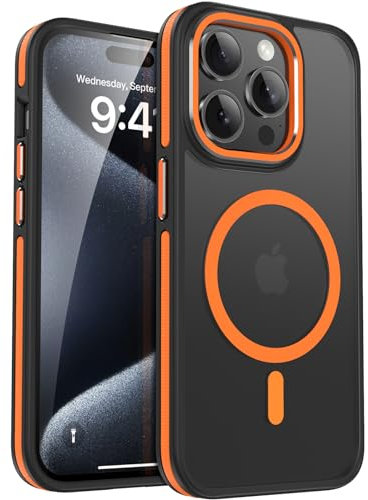 HeIssitot Magnetische für iPhone 15 Pro Hülle, Militärnorm Schutz Matte Rückseite Samtige Touch Schutzhülle,Stoßfeste rutschfest HandyHülle Case -Orange