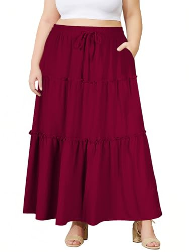 Moon Wood Jupe Longue Femme Ete Elastique Taille Haute Jupe Plissée avec Poches A-Ligne Maxi Skirt de Plage Grande Taille Bordeaux 4XL