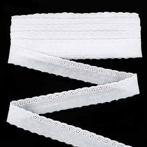 FINGERINSPIRE Cinta de encaje de algodón blanco con ojales de 13,7 m de ancho, borde ondulado, bordado floral, para vestidos, ropa, mantas, almohadas, decoración de bricolaje