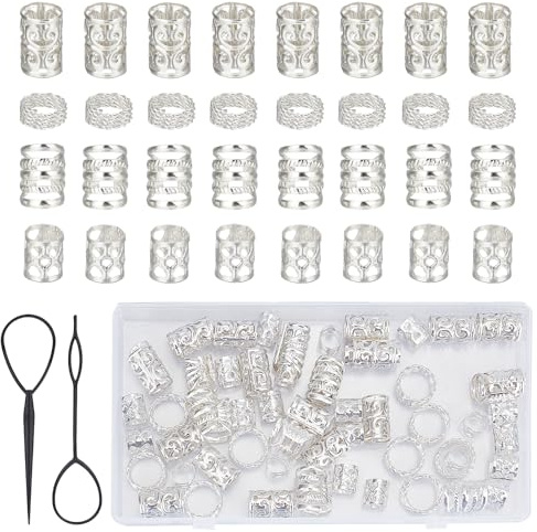 NICENEEDED 72Pcs Silver Viking Hair Jewelry, Alloy Hair Beard Bead Runes Tube Style Hair Beads with Pull Hair Pin, Hair Coil Cuffs for Hair Braid Bracelet Pendant Necklace DIY Jewelry Hair Decoration