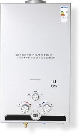 CO-Z Calentador de Agua Butano 16 L Instantáneo, LPG Sin Tanque, Certificado CE, Gas Licuado de Petróleo (16 L)