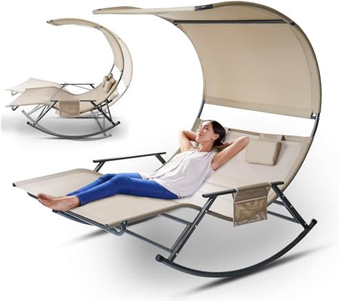 Jaxguom Doppelliege Outdoor, doppel Schaukelliege bis 250 kg, sonnenliege für 2 Personen, mit Sonnendach, Tasche, Atmungsaktives Gewebe, Vielseitige Farbwahl für Garten, Balkon, Terrasse(beige)