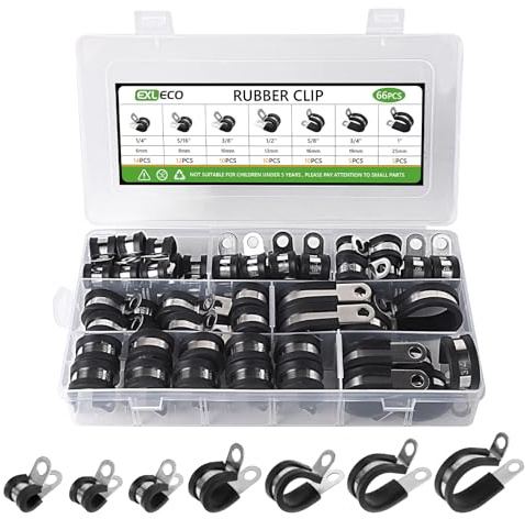 66pcs Fascette Stringitubo in Gomma P Clips Fermacavi in Acciaio Morsetto a P per Tubo Flessibile Ferma Cavi con Inserto di Gomma Kit di Fissaggio per Tubi Gas Acqua 6mm 8mm 10mm 13mm 16mm 19mm 25mm