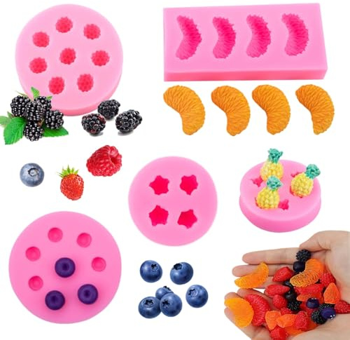 5 Pezzi Stampo Silicone Frutta Stampo Cioccolato Ananas Fragola Arancia Mirtillo Gelso Stampi Frutta Decorativo per candele di cera fai da te, sapone, torte, cupcake.