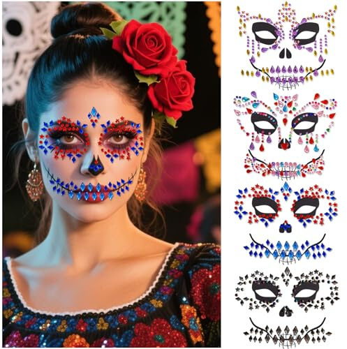 Halloween Gesichtsjuwelen 4er Set – Day of the Dead Strass Gesichtssticker & Kristall Glitzer Tattoos für Totenkopf Make-up & Horror Party (4 Stück)