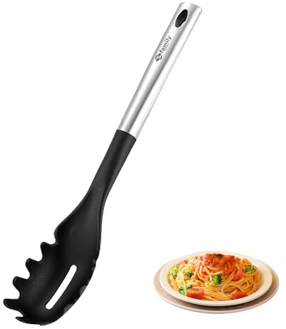FAMILY Cucharón para Pasta en Acero Inoxidable y Nylon 33.5x6cm, Mango de Acero Completo, Resistente al Calor y Antiadherente, Ideal para Servir Espaguetis y Tallarines sin Rayar las Ollas