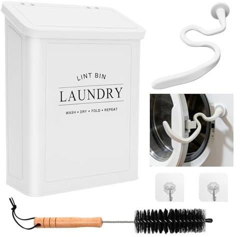 GHWMYD Cubo de Pelusas Magnético para Lavandería, Cubo de Metal para Pelusas, Montaje en Pared para Secadoras con Tapa, 19x9x26.5cm, con Cepillo para Pelusas y Soporte Magnético Flexible para Puerta