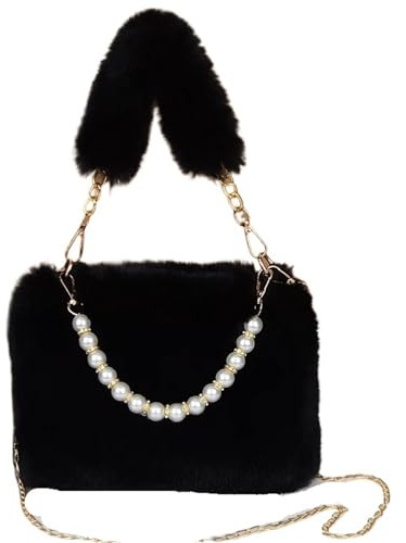 Plyschväskor för kvinnor fluffig pärla handväska trendig kvinnors crossbody väska kedja design höst vinter liten mångsidig