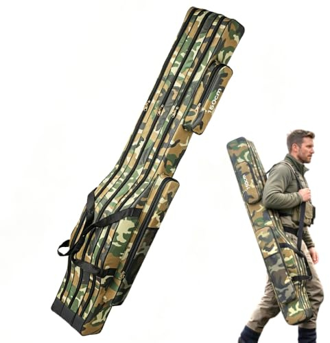 SKIKHN Bolsa para Caña de Pescar Portátil, 150 cm Bolsa de Pesca Portátil Plegable, Estuche para Cañas Impermeable, Bolsa de Transporte de Carrete de Caña de Pescar de Camuflaje para Pescadores