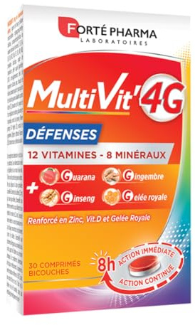 Forté Pharma - Multivit' 4G Défenses | Complément Alimentaire Forme et Tonus - 12 Vitamines et 7 Minéraux- Renforcé en Zinc, Vitamine D et Gelée Royale | 30 comprimés Bi-couches