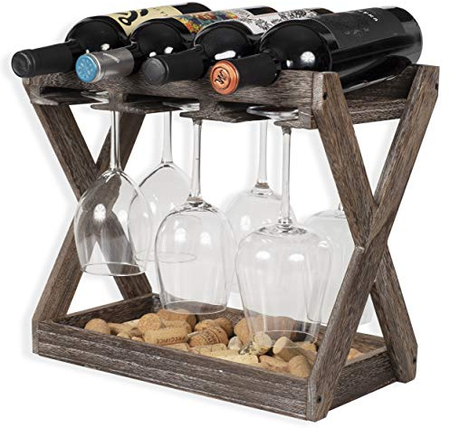Rustic State Cava Countertop Solid Wood Wine Rack for 4 Bottles and 6 Stemware Glass Holder Cork Storage Tabletop Tray Freestanding Organizer - Home, Kitchen, Dining Room Bar Décor - Walnut