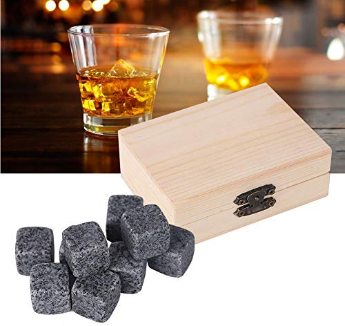 Caja de madera de alta gama con 9 piezas de piedra de hielo de whisky, piedra de hielo creativa, piedra de hielo reutilizable, nunca se derrite, no diluirá el sabor esponjoso (gris sésamo)