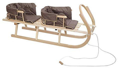 Schlitten Duo aus Holz Holzschlitten für Zwei Kinder mit Zwei Rückenlehne Rodelschlitten Davoser Schlitten aus Holz mit einem Sicherheitsgurt, Rückenlehne, Matratze für Kinder und Erwachsene (Braun)
