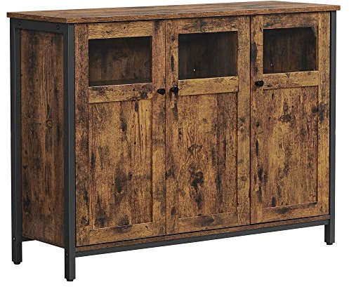 VASAGLE Sideboard, Küchenschrank, Aufbewahrungsschrank, mit Glastüren, für Wohnzimmer, Küche, Esszimmer, Stahlrahmen, Industriestil, vintagebraun-tintenschwarz LSC099B01