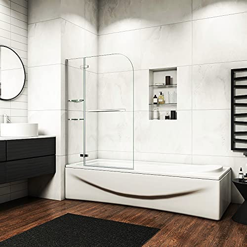 Acezanble Badewannenaufsatz Duschabtrennung 90cm Duschwand 6mm Nano Dusche 2-tlg für Badewanne H140cm mit Handtuchhalter,Eckregalen