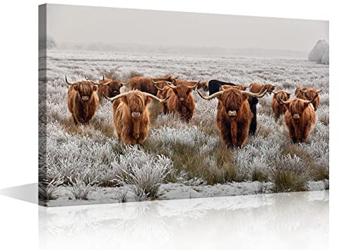 Highland Yak Paintings On Canvas Wall Art Grey Brown Herd Cow Wildlife Art Abstract Print Artwork with Framed Ready to Hang Living Room Kitchen Corridor Bedroom Office Decor 24 Wx36 H