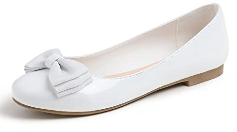 FEVERSOLE Women's Round Toe Cute Bow Trim Ballet Flats White Patent Size 8.5 M US